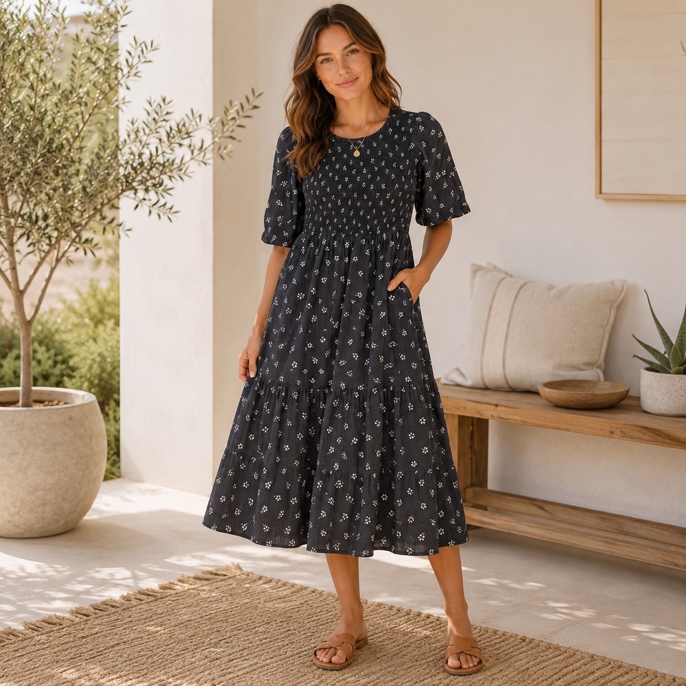 Marine Layer Floral Smocked Tiered Midi Dress Womens Small‎ Black Cotton Boho
